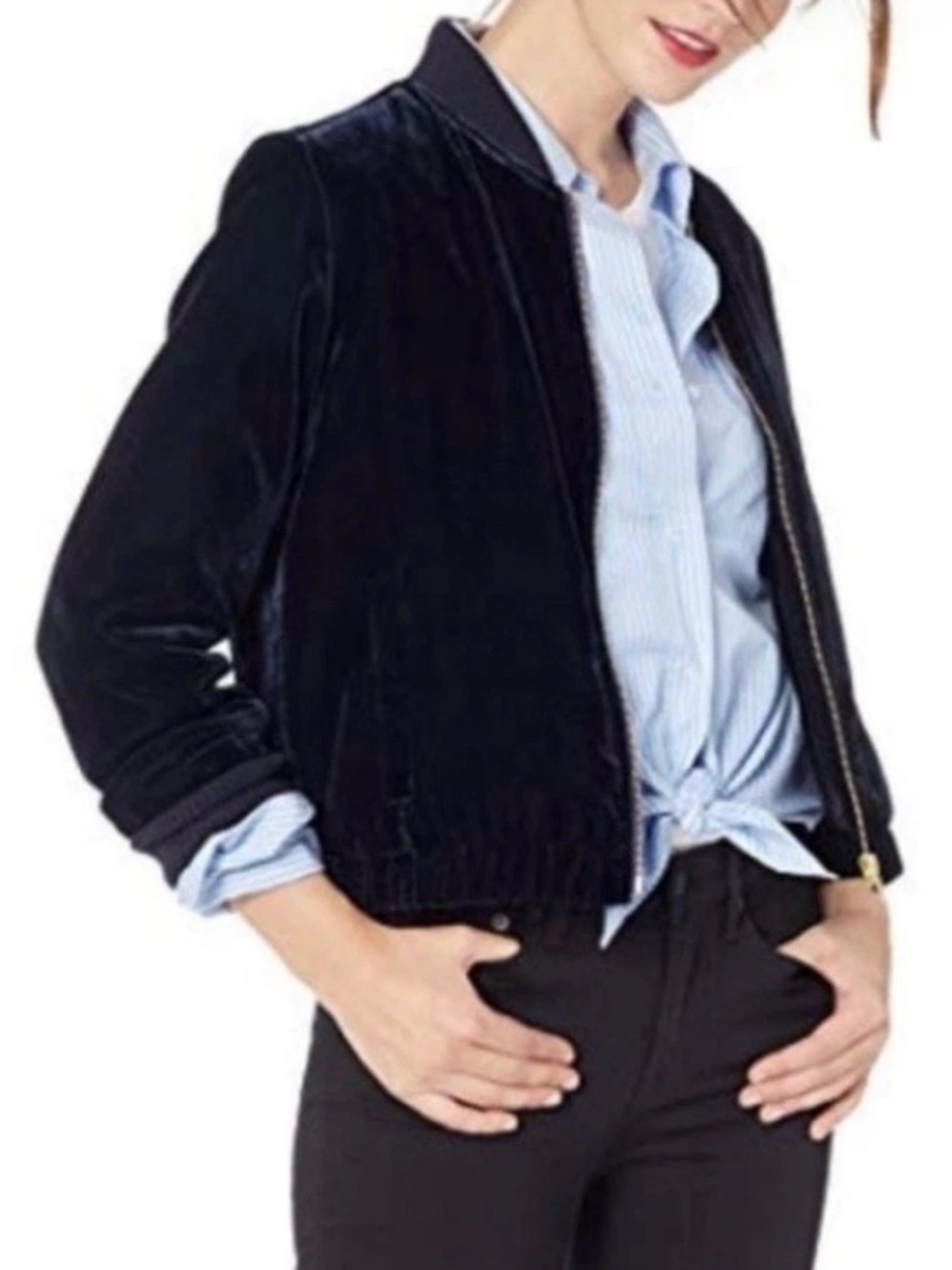 J. Crew dark blue, almost black Velvet Bomber Jacket small